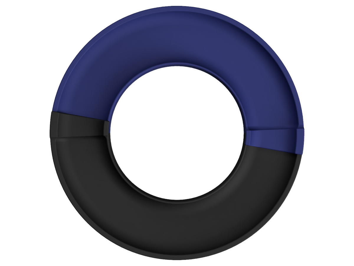 Rendering des Schutzrings von oben, eine schwarze und eine blaue Hälfte ergeben zusammen einen geschlossenen Ring